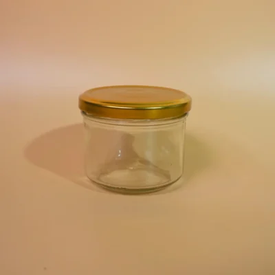 Envase vidrio jar boca ancha con tapa dorada